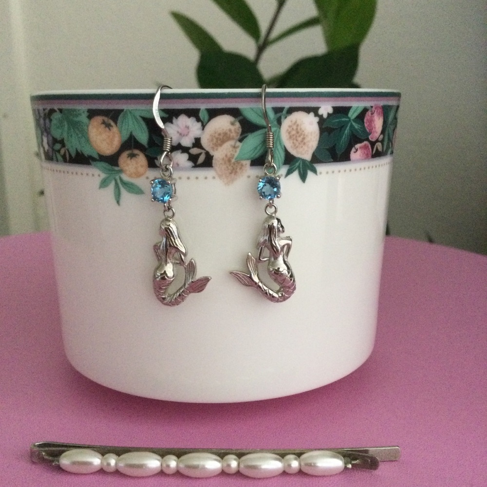 925 Silver Mermaid Earrings with Blue Accents